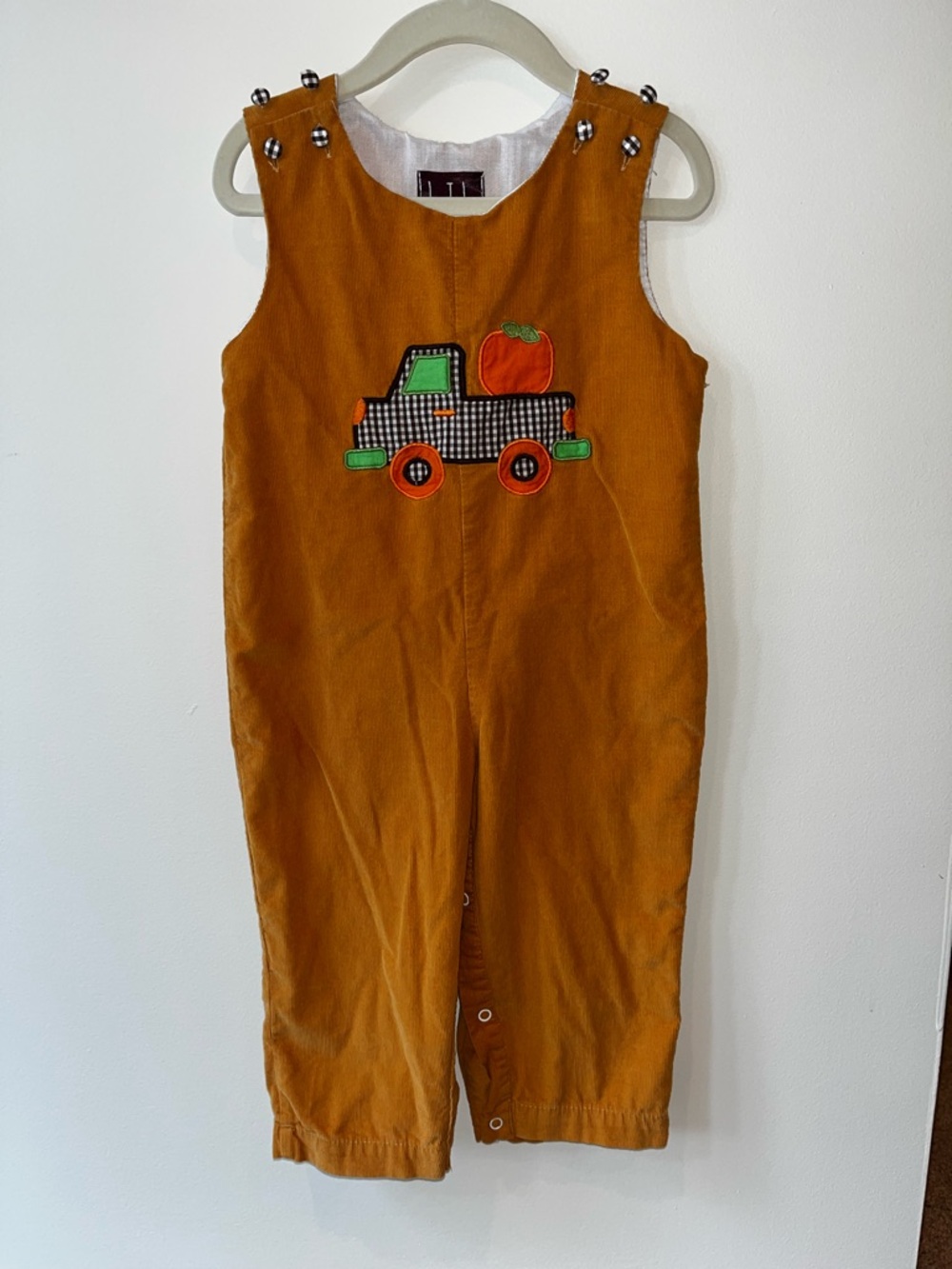 Cactus Rust Orange Corduroy Overalls with Pumpkin Truck Applique